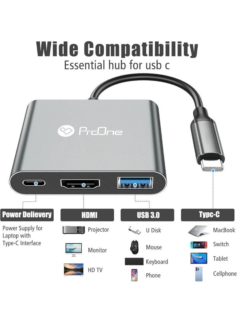 ProOne PHU552 3-in-1 USB-C to HDMI Adapter 4K@30Hz – USB-C Hub with HDMI, USB 3.0 & 85W PD Charging - Image 3